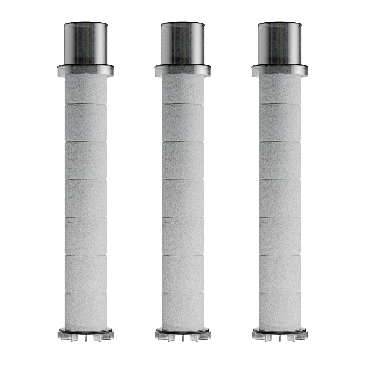 White sediment filters designed to remove chlorine, PFAS, bacteria, and other skin- and hair-damaging impurities