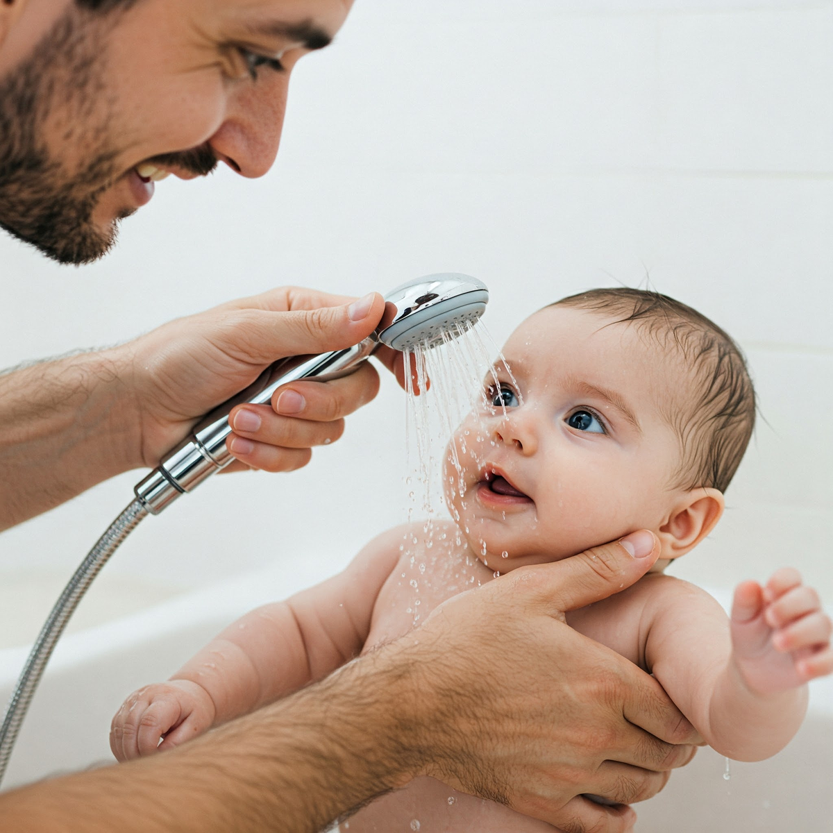 Happy baby getting shower with pure water filtered with GARAM shower head
