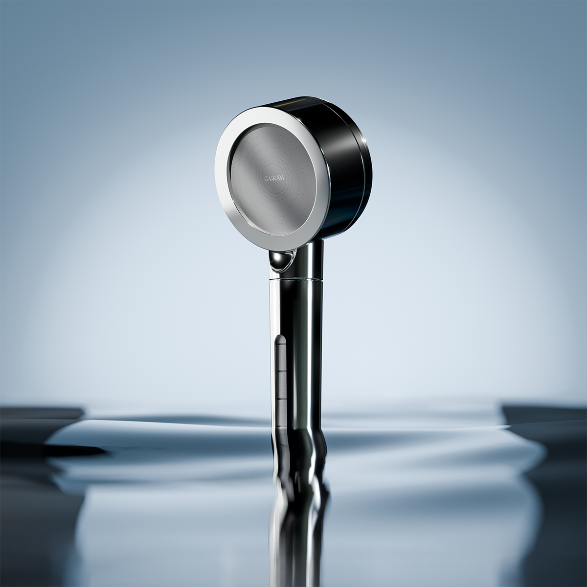GARAM silver shower head reflected in calm water below