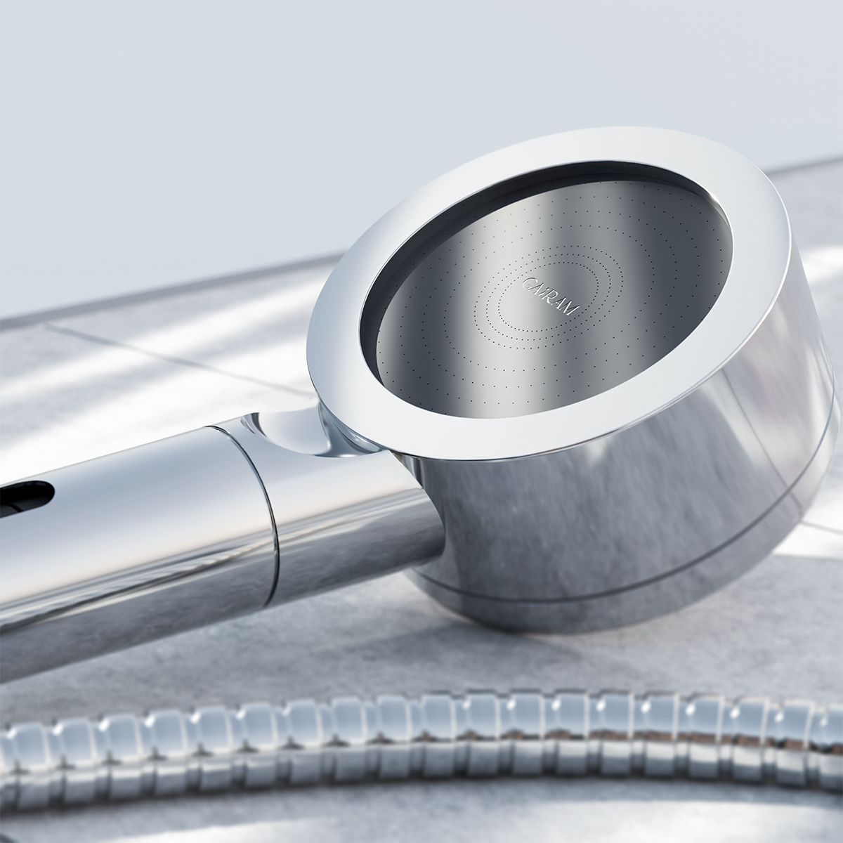 GARAM silver filtered shower head shown from the side angle