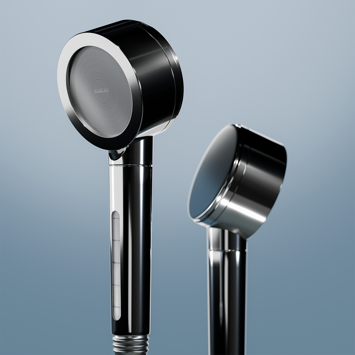 Silver filtered shower head showing both front and back from a side angle