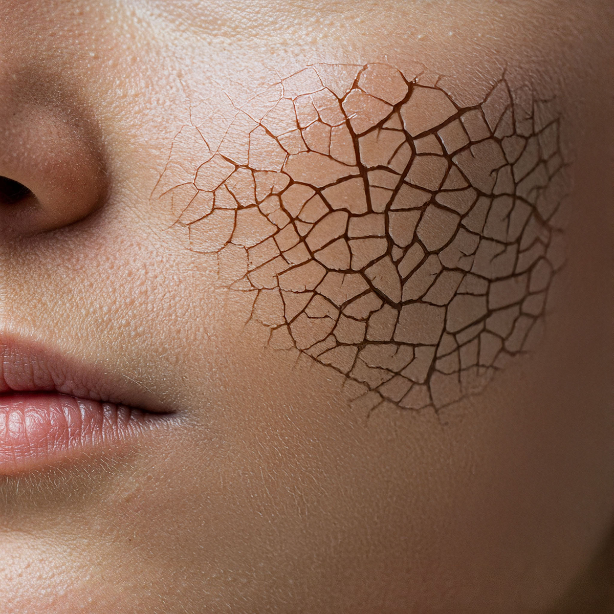 Close-up of a woman’s cheek with cracked, dry skin caused by dirty shower water